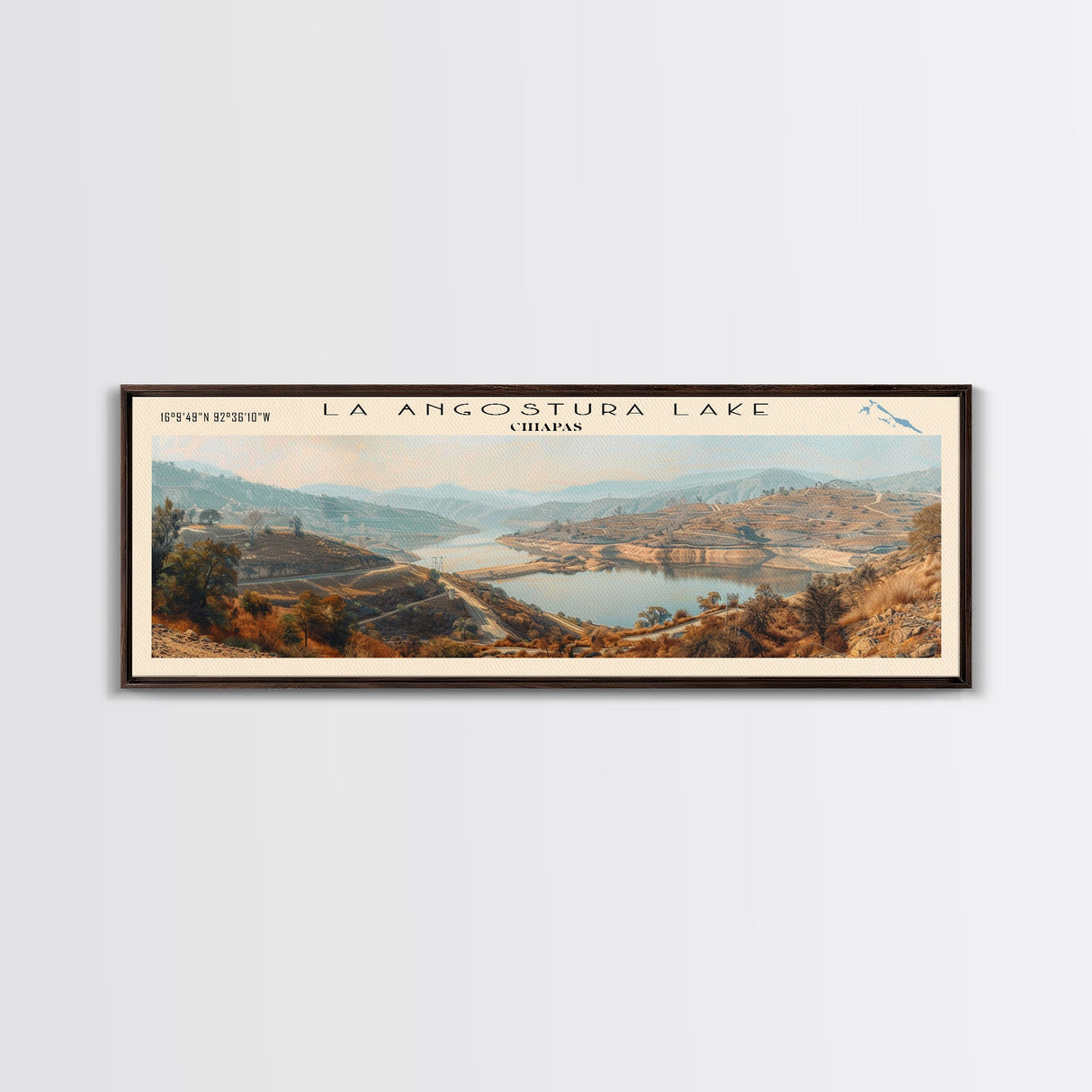 La Angustura Dam Framed Canvas Print, Lake House Art, Panoramic Wall Art, Travel Poster, Beautiful Lake Painting, Home Decor