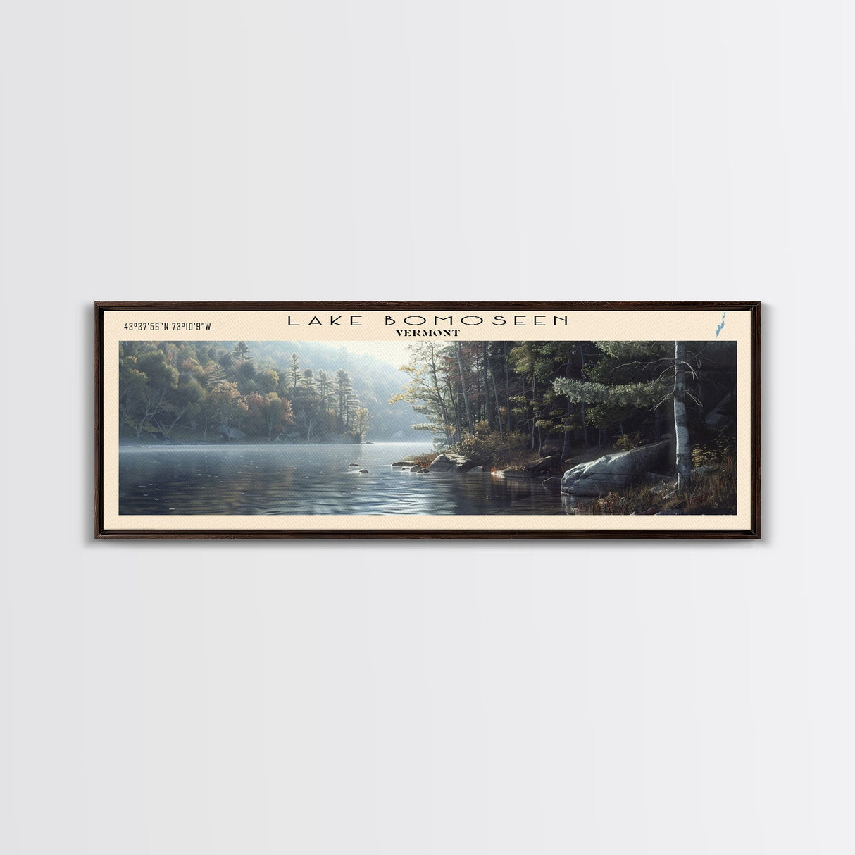 Lake Bomoseen Vermont Framed Canvas Print, Lake House Art, Panoramic Wall Art, Travel Poster, Serene Lake Painting, Home Decor