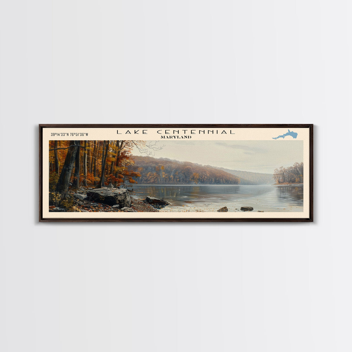 Lake Centennial Maryland Framed Canvas Print, Panoramic Lake House Decor, Wall Art, Travel Poster, Serene Lake Painting, Nature Art