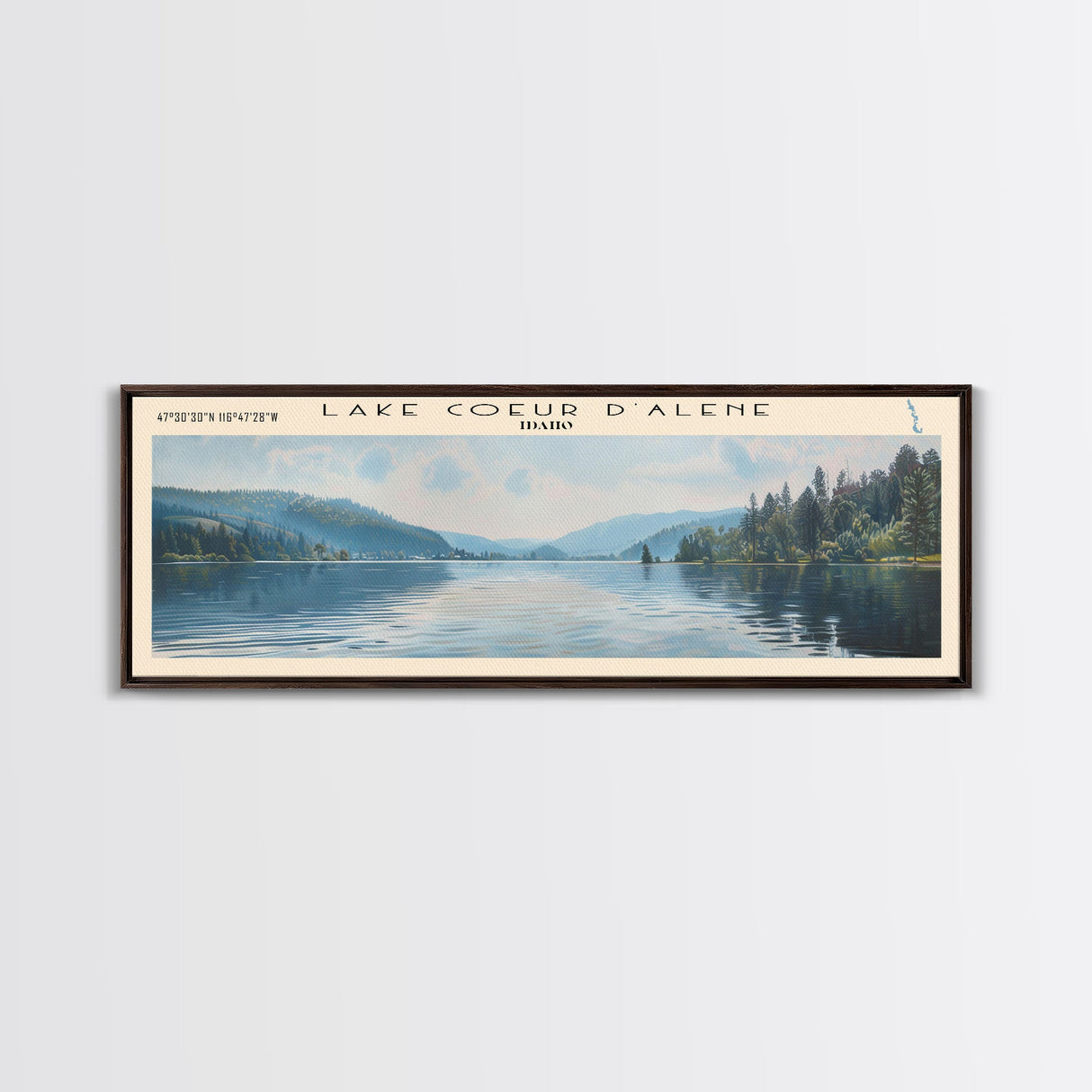 Lake Coeur d'Alene Idaho Framed Canvas Print, Lake House Decor, Panoramic Wall Art, Travel Poster, Scenic Lake Painting, Home Art