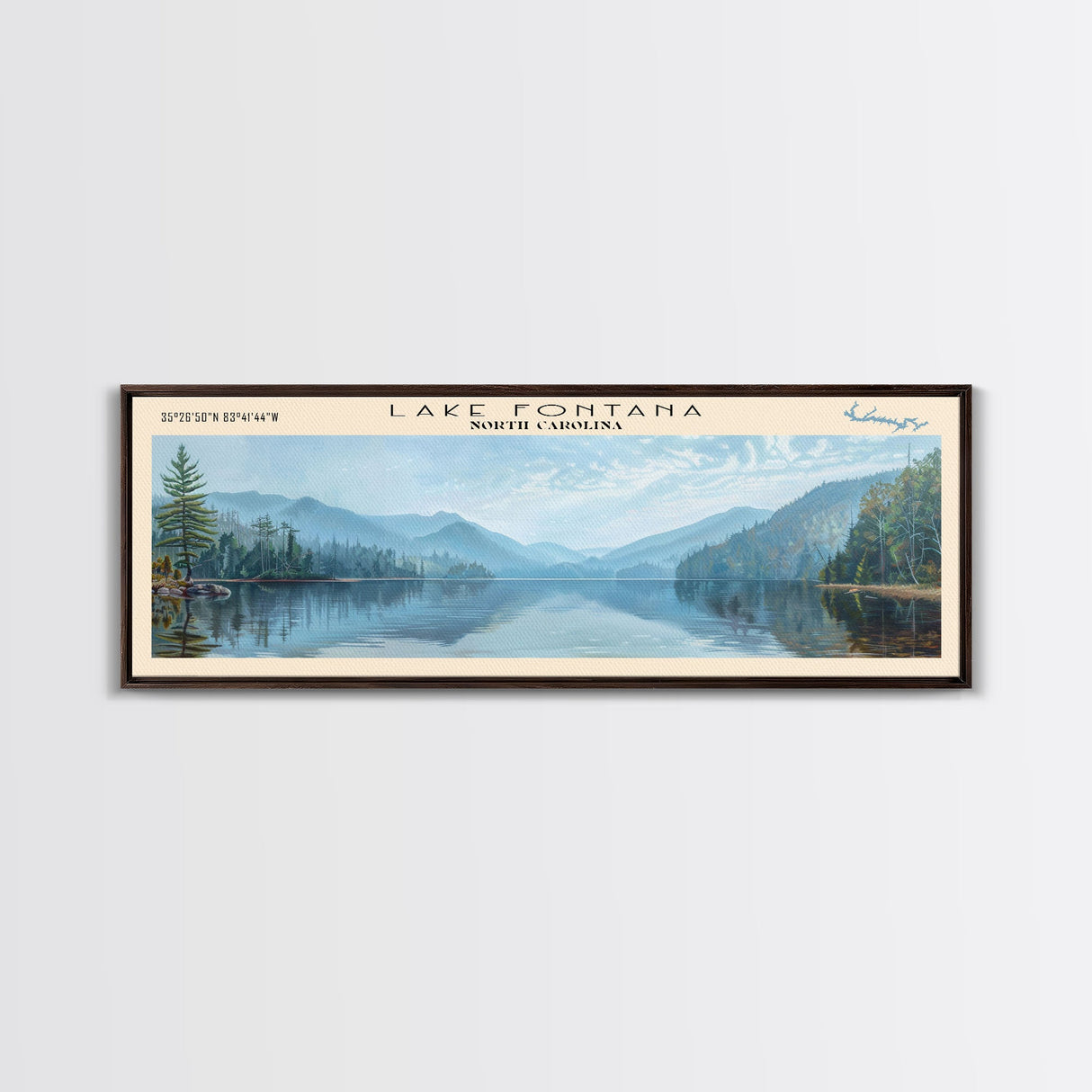 Lake Fontana North Carolina Framed Canvas Print, Lake House Decor, Panoramic Wall Art, Travel Poster, Beautiful Lake Painting, Home Art