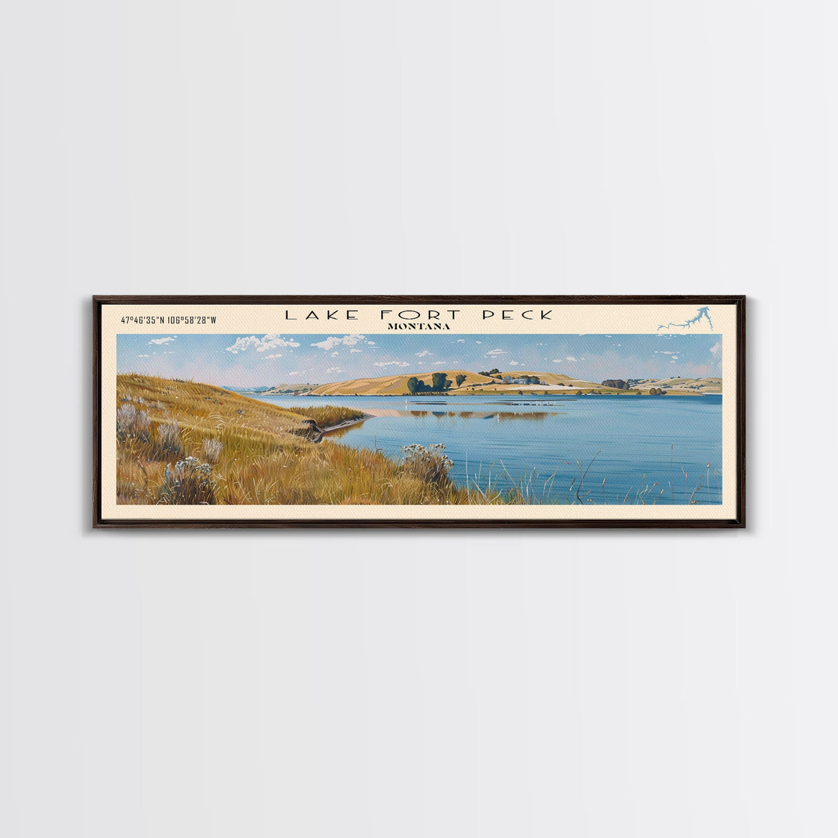 Lake Fort Peck Framed Canvas Print, Lake House Decor, Panoramic Wall Art, Travel Poster, Scenic Lake Painting, Nature Art