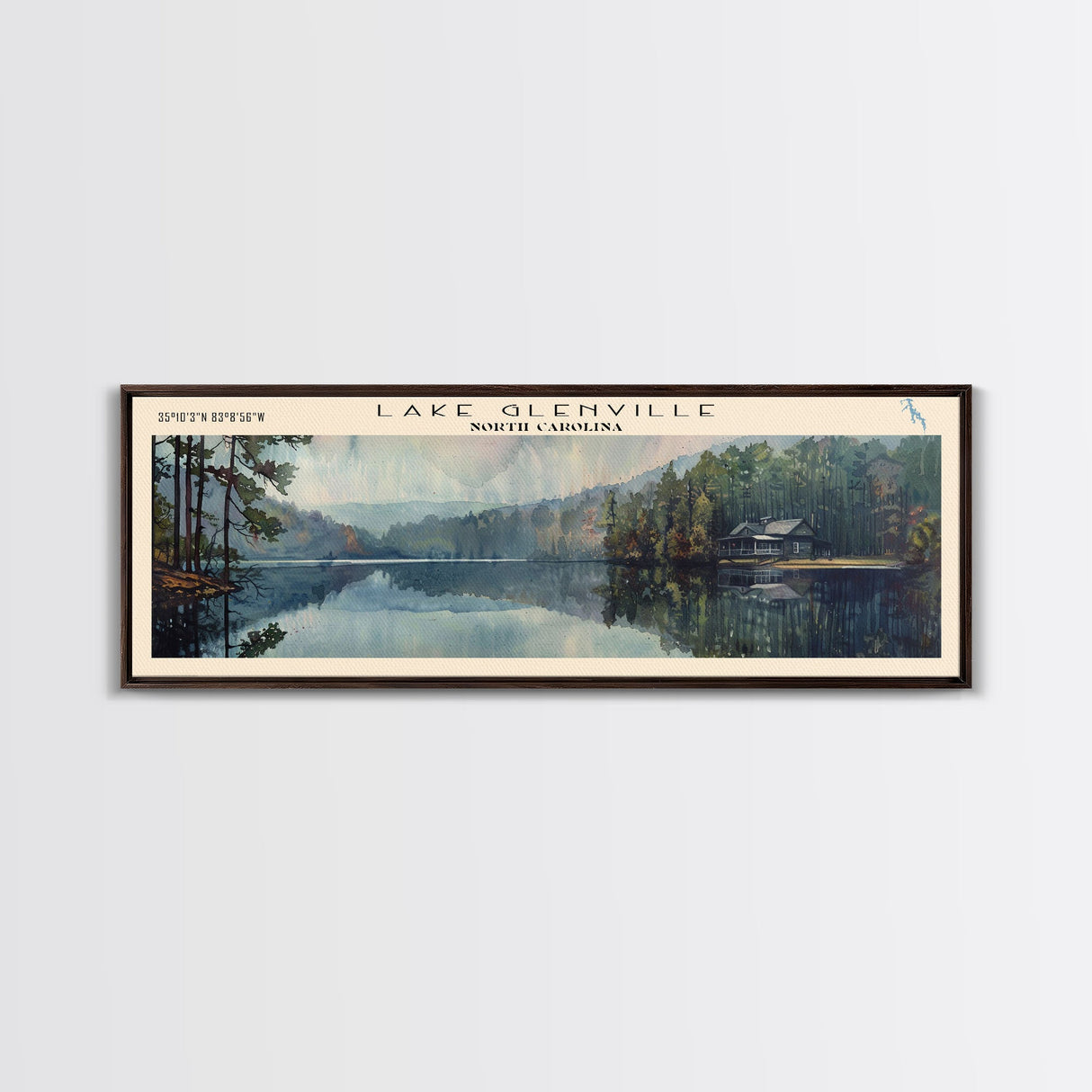 Lake Glenville North Carolina Framed Canvas Print, Lake House Decor, Panoramic Wall Art, Travel Poster, Scenic Lake Painting, Nature Art