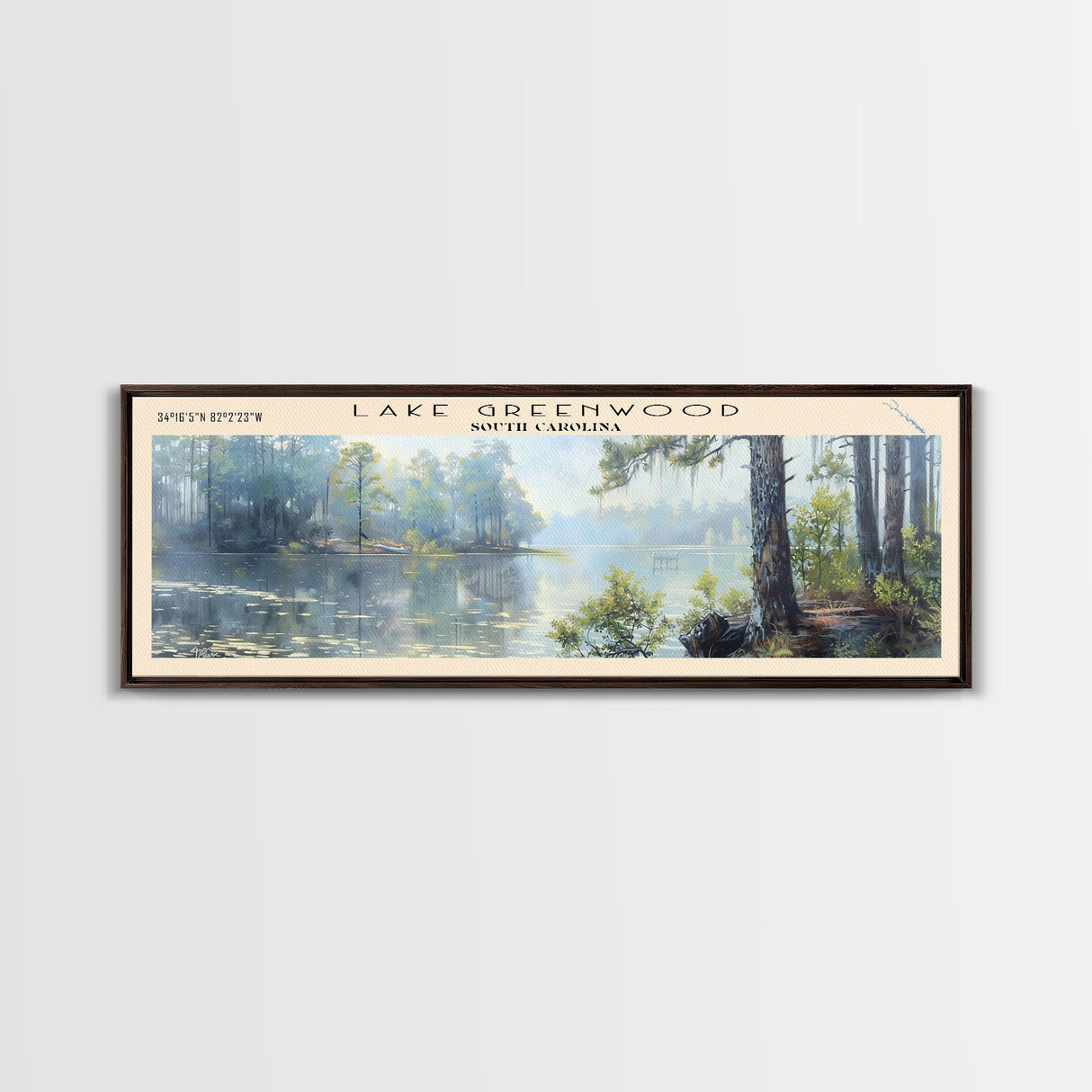 Lake Greenwood South Carolina Framed Canvas Print, Lake House Decor, Panoramic Wall Art, Travel Poster, Scenic Landscape Painting, Nature Art