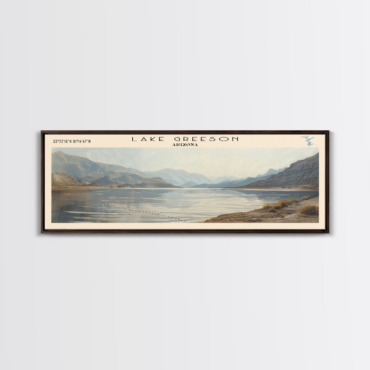 Lake Greeson Arizona Framed Canvas Print, Lake House Decor, Panoramic Wall Art, Travel Poster, Serene Lake Painting, Home Art