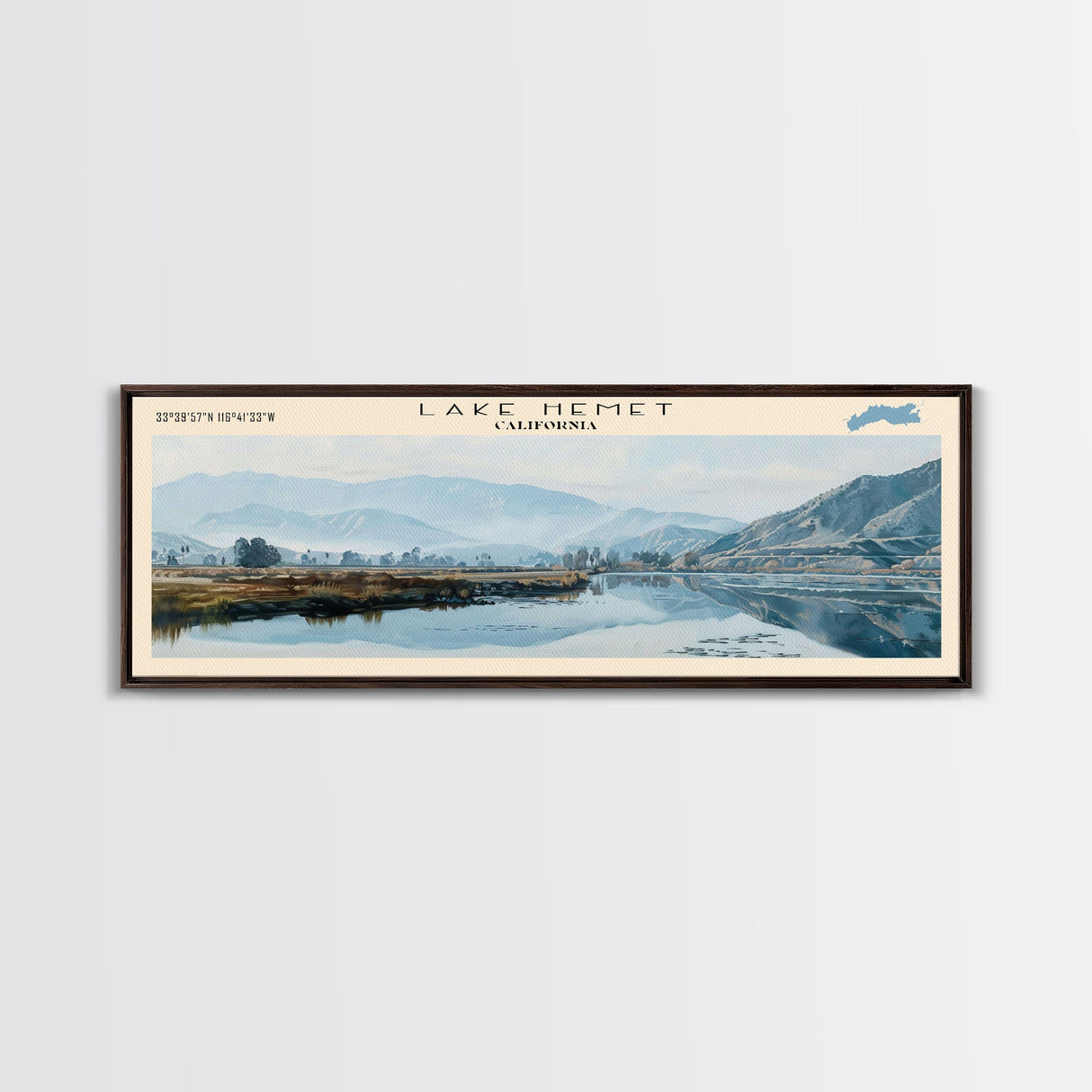 Lake Hemet California Framed Canvas Print, Lake House Decor, Panoramic Wall Art, Travel Poster, Serene Lake Painting, Nature Art