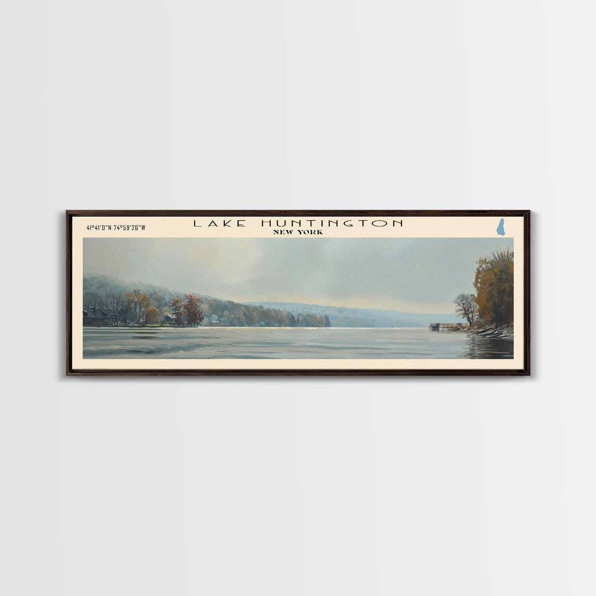 Lake Huntington New York Framed Canvas Print, Lake House Decor, Panoramic Wall Art, Travel Poster, Scenic Landscape Painting, Nature Art