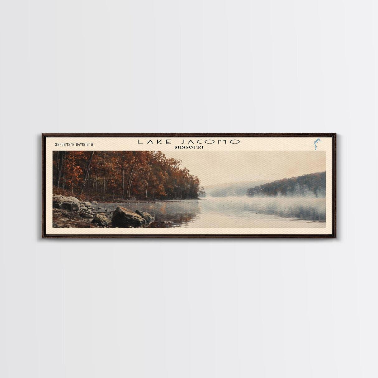 Lake Jacomo Missouri Framed Canvas Print, Lake House Decor, Panoramic Wall Art, Travel Poster, Beautiful Lake Painting, Home Art