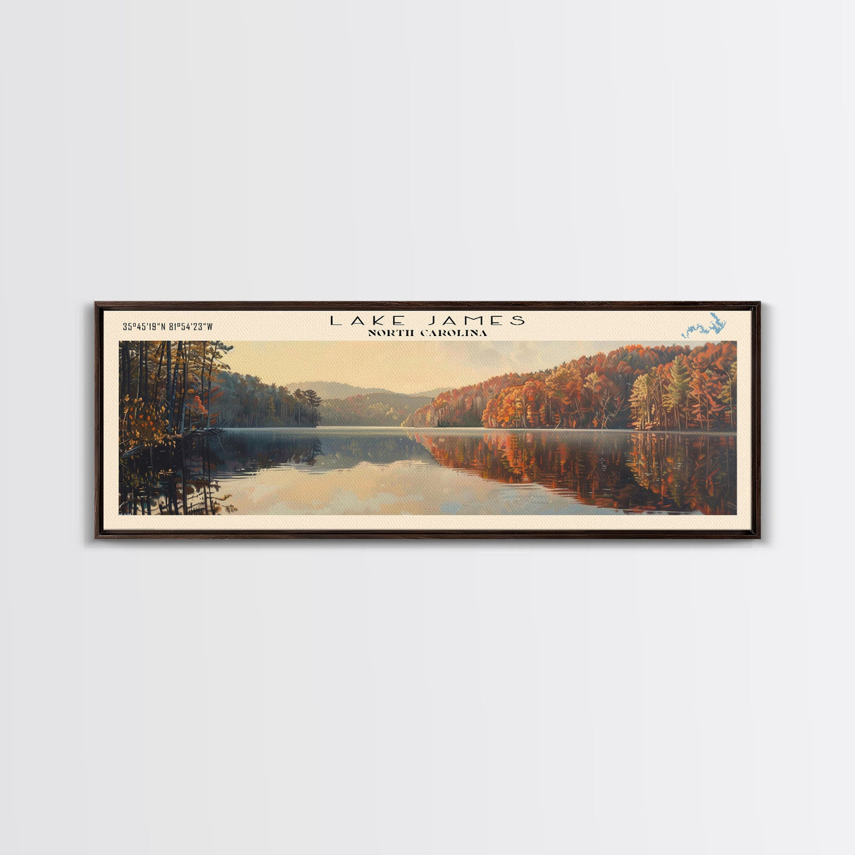 Lake James North Carolina Framed Canvas Print, Lake House Decor, Panoramic Wall Art, Travel Poster, Scenic Lake Painting, Nature Art