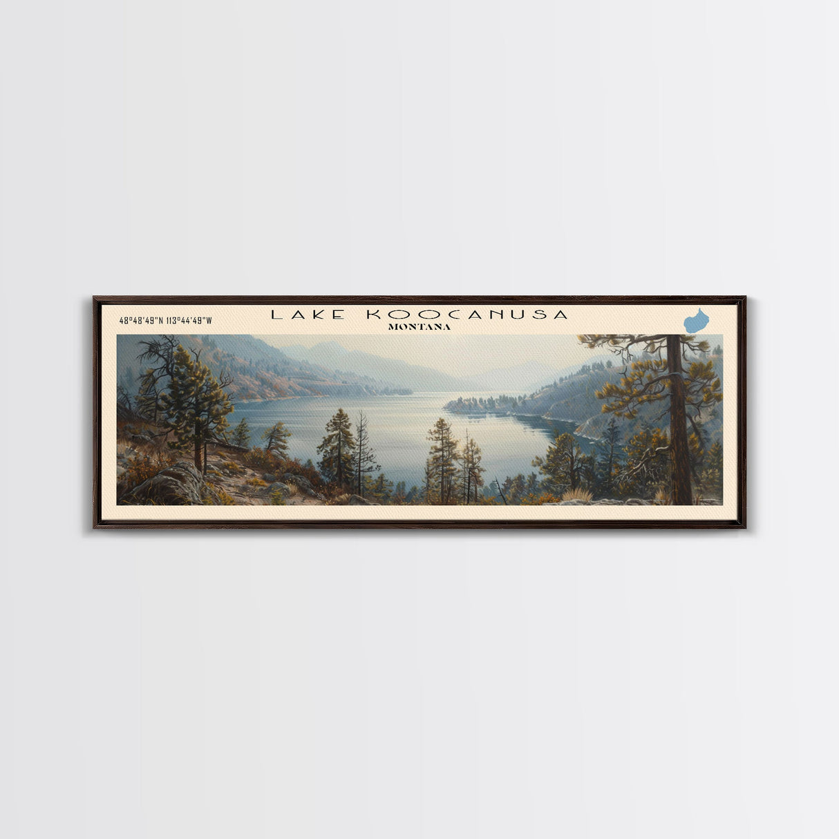 Lake Koocanusa Montana Framed Canvas Print, Lake House Decor, Panoramic Wall Art, Travel Poster, Serene Lake Painting, Nature Art