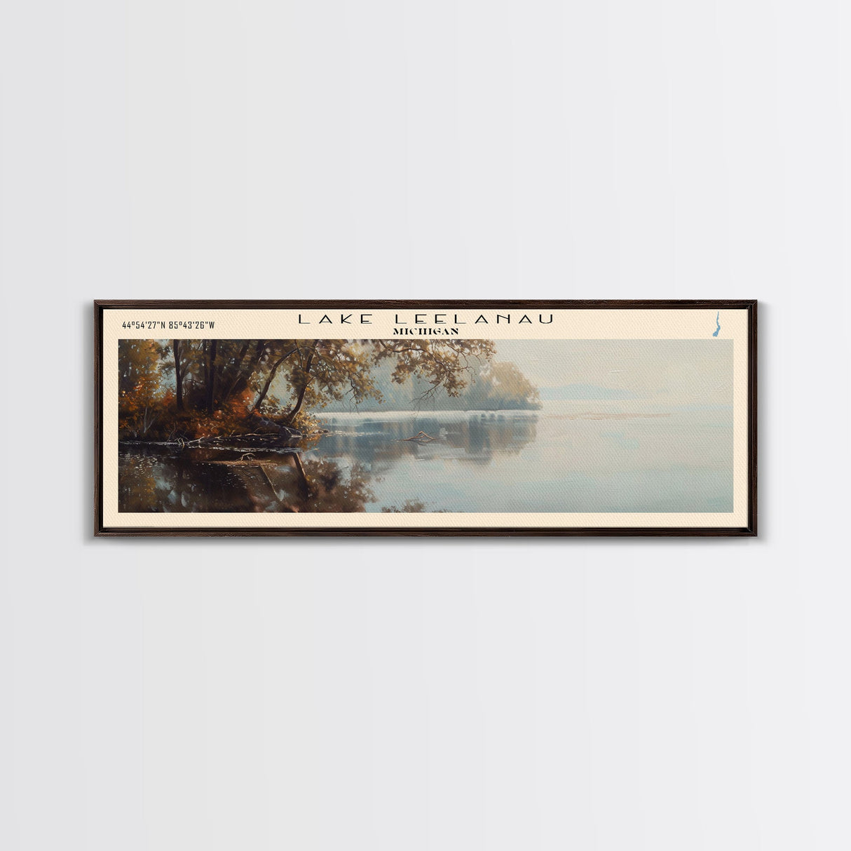 Lake Leelanau Michigan Framed Canvas Print, Lake House Decor, Panoramic Wall Art, Travel Poster, Serene Waterscape Painting, Rustic Art