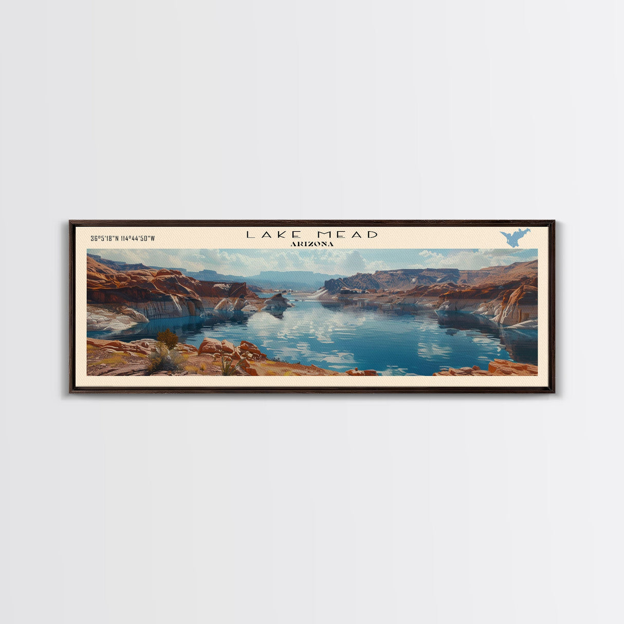 Lake Mead Framed Canvas Print, Lake House Decor, Panoramic Wall Art, Travel Poster, Serene Landscape Painting, Living Room Decor