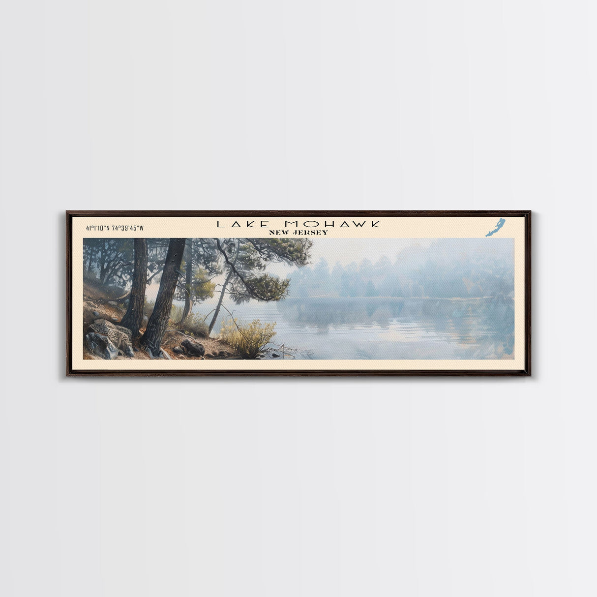 Lake Mohawk New Jersey Framed Canvas Print, Lake House Decor, Panoramic Wall Art, Travel Poster, Stunning Landscape Painting, Living Room Decor