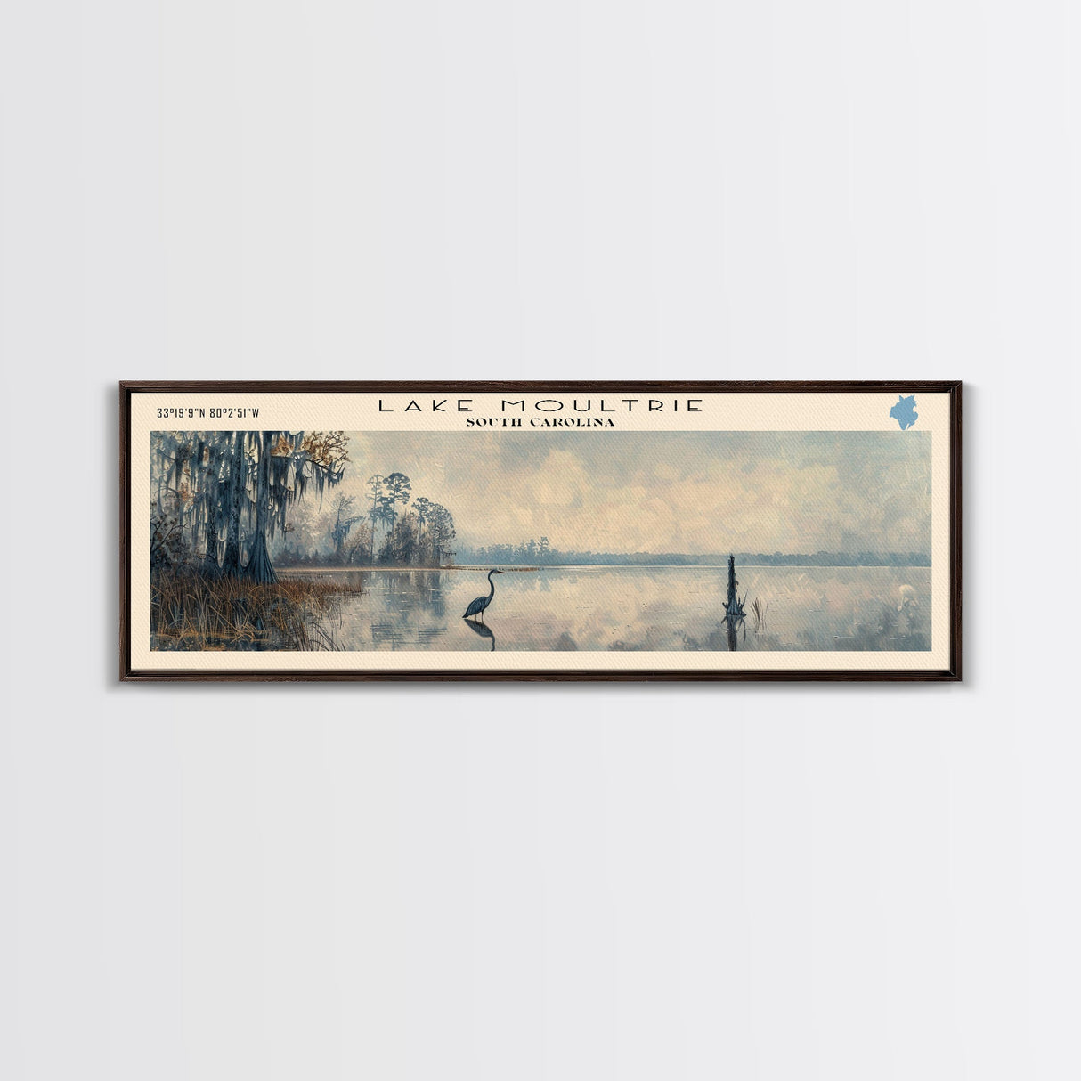 Lake Moultrie South Carolina Framed Canvas Print, Lake House Decor, Panoramic Wall Art, Travel Poster, Serene Landscape Painting, Bedroom Decor