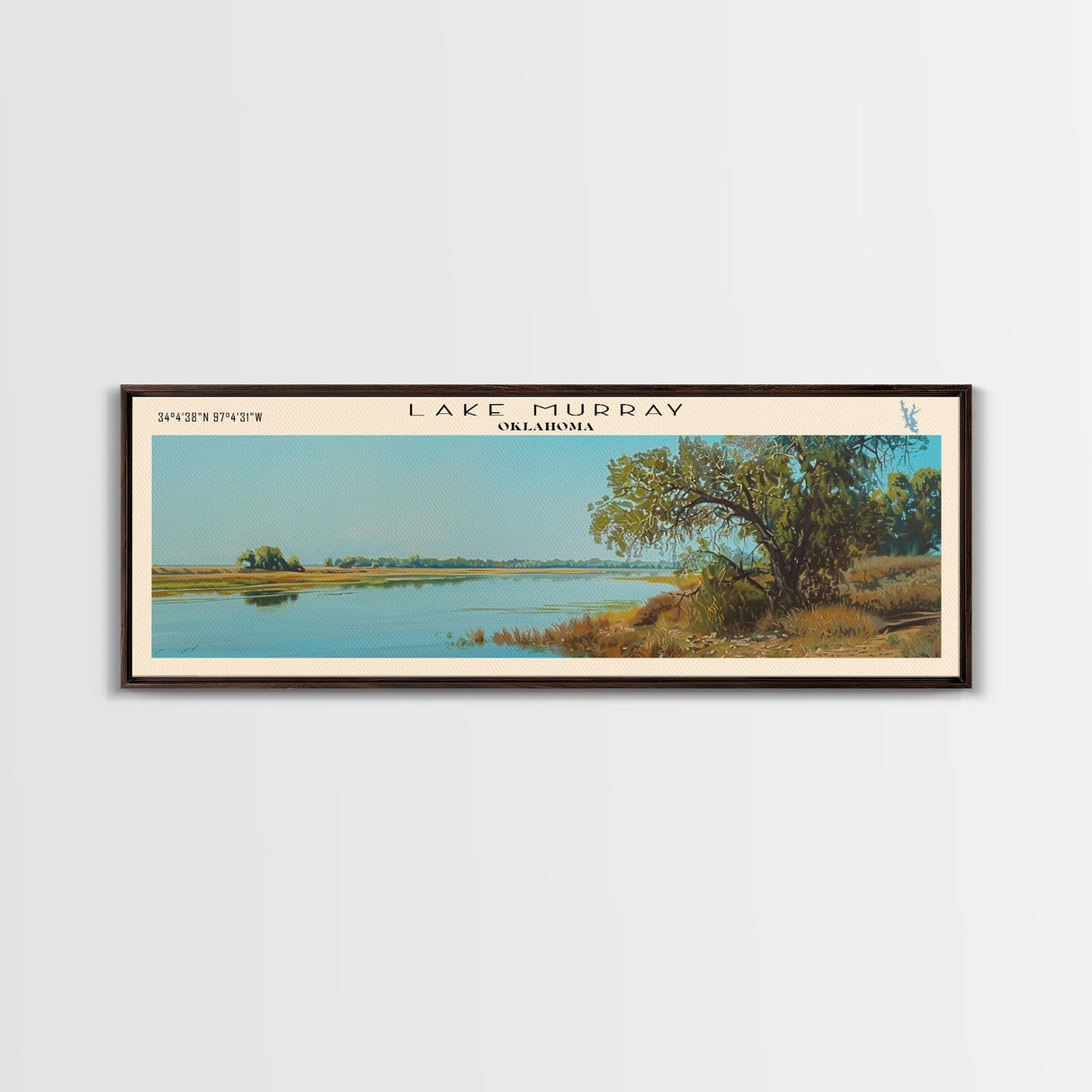 Lake Murray Oklahoma Framed Canvas Print, Lake House Decor, Panoramic Wall Art, Travel Poster, Beautiful Landscape Painting, Bedroom Decor