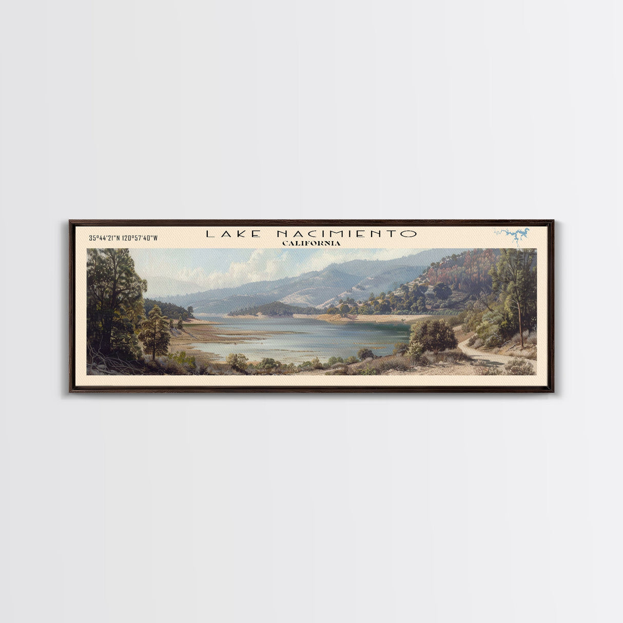 Lake Nacimiento California Framed Canvas Print, Lake House Decor, Panoramic Wall Art, Travel Poster, Beautiful Landscape Painting, Modern Art