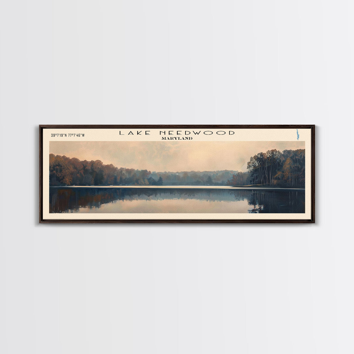 Lake Needwood Maryland Framed Canvas Print, Lake House Decor, Panoramic Wall Art, Travel Poster, Stunning Landscape Painting, Contemporary Art