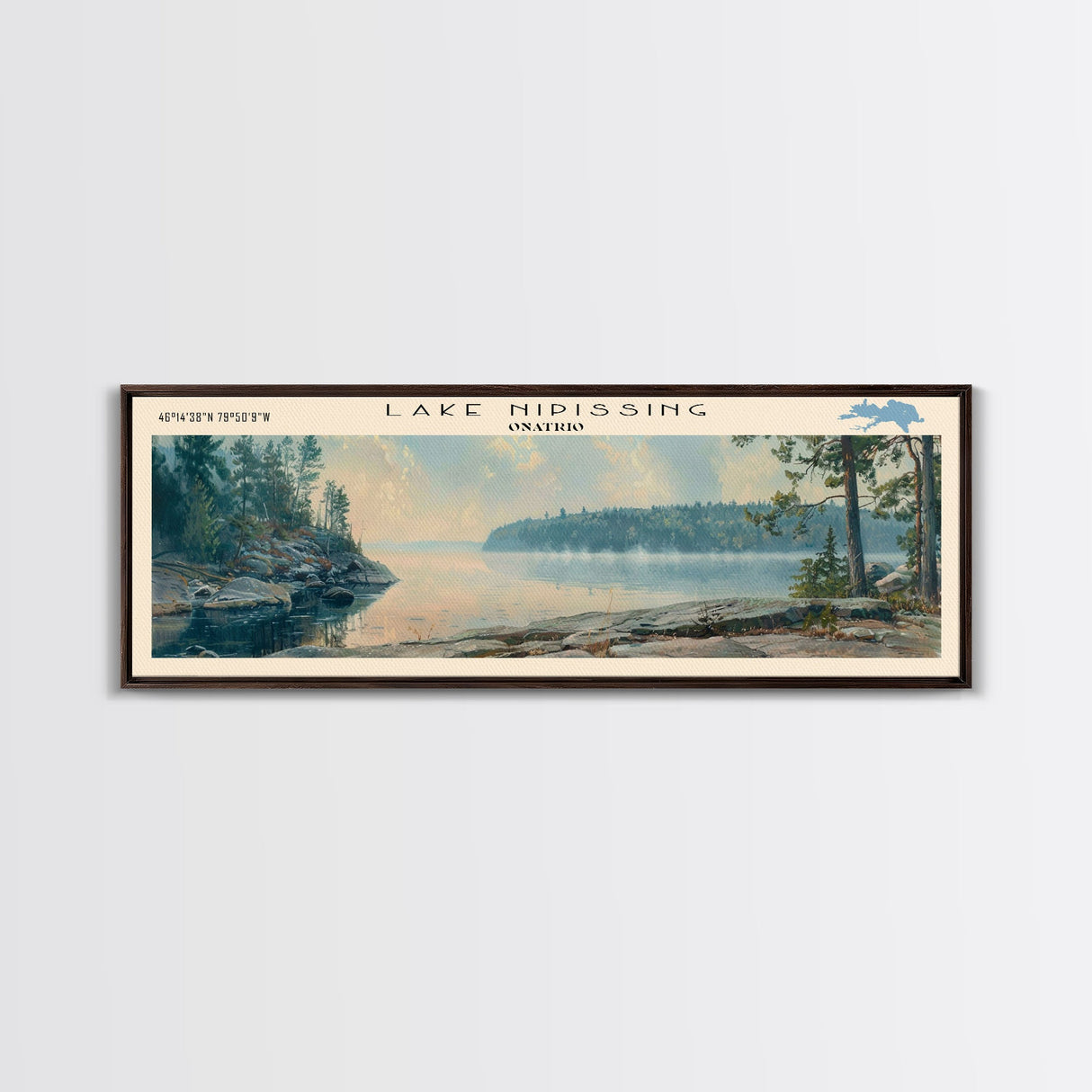 Lake Nipissing Framed Canvas Print, Lake House Decor, Panoramic Wall Art, Travel Poster, Beautiful Landscape Painting, Living Room Decor