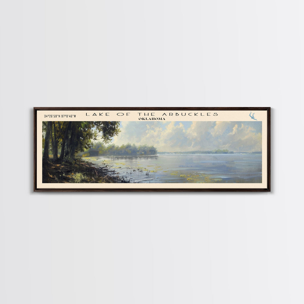 Lake Of The Arbuckles Oklahoma Framed Canvas Print, Lake House Decor, Panoramic Wall Art, Travel Poster, Scenic Landscape Painting, Bedroom Decor