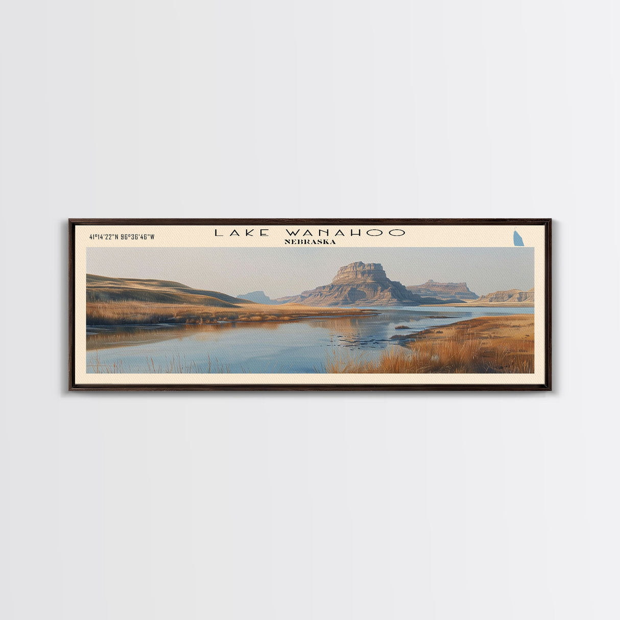 Lake Wanahoo Nebraska Framed Canvas Print, Lake House Decor, Panoramic Wall Art, Travel Poster, Landscape Painting, Bedroom Decor