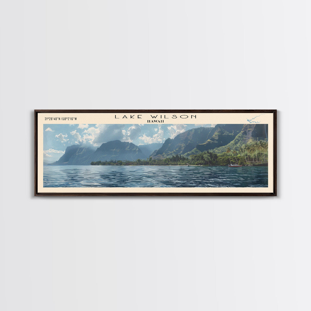 Lake Wilson Hawaii Framed Canvas Print, Lake House Decor, Panoramic Wall Art, Travel Poster, Beautiful Landscape Painting, Modern Art