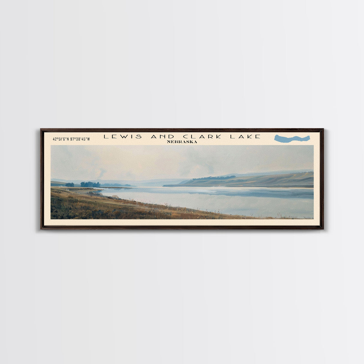 Lewis And Clark Lake Nebraska Framed Canvas Print, Lake House Decor, Panoramic Wall Art, Travel Poster, Scenic Landscape Painting, Contemporary Art