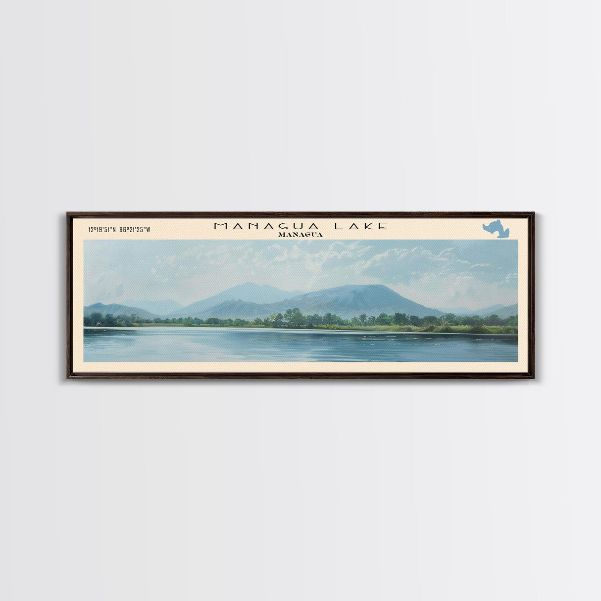 Managua Lake Framed Canvas Print, Lake House Decor, Panoramic Wall Art, Travel Poster, Scenic Landscape Painting, Living Room Decor