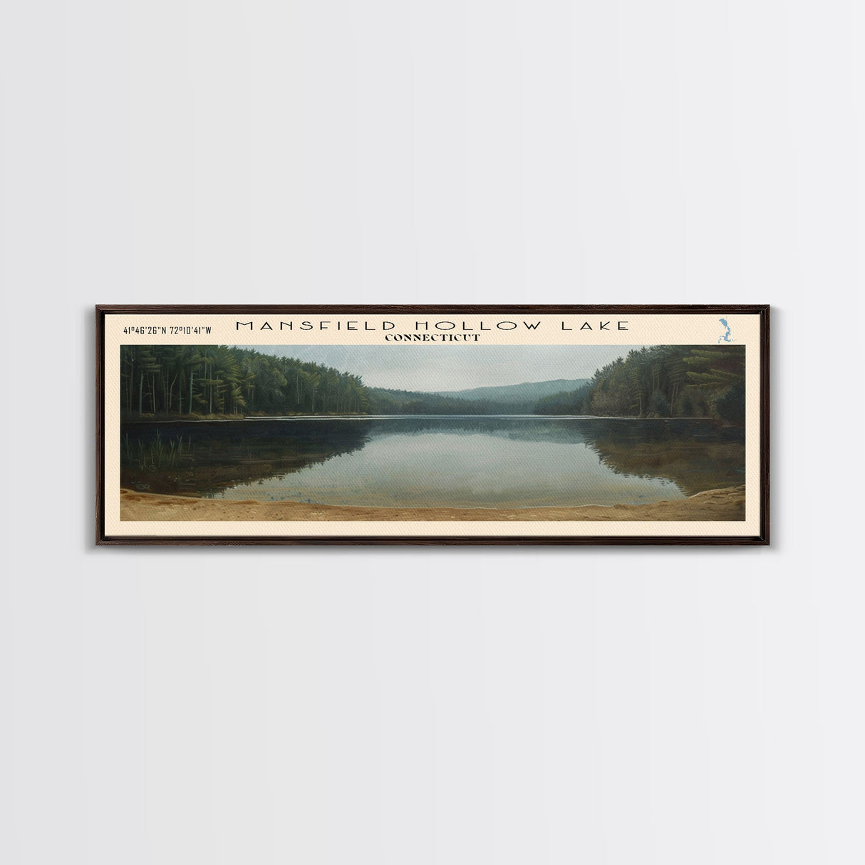 Mansfield Hollow Lake Connecticut Framed Canvas Print, Lake House Decor, Panoramic Wall Art, Travel Poster, Landscape Painting, Contemporary Art