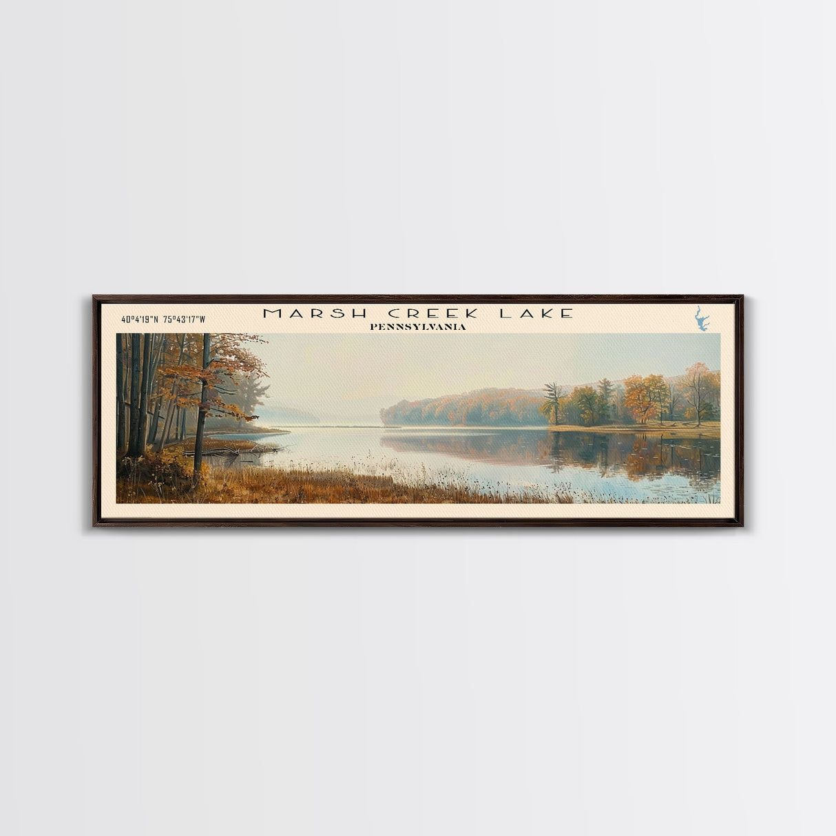 Marsh Creek Lake Pennsylvania Framed Canvas Print, Lake House Decor, Panoramic Wall Art, Travel Poster, Landscape Painting, Modern Art