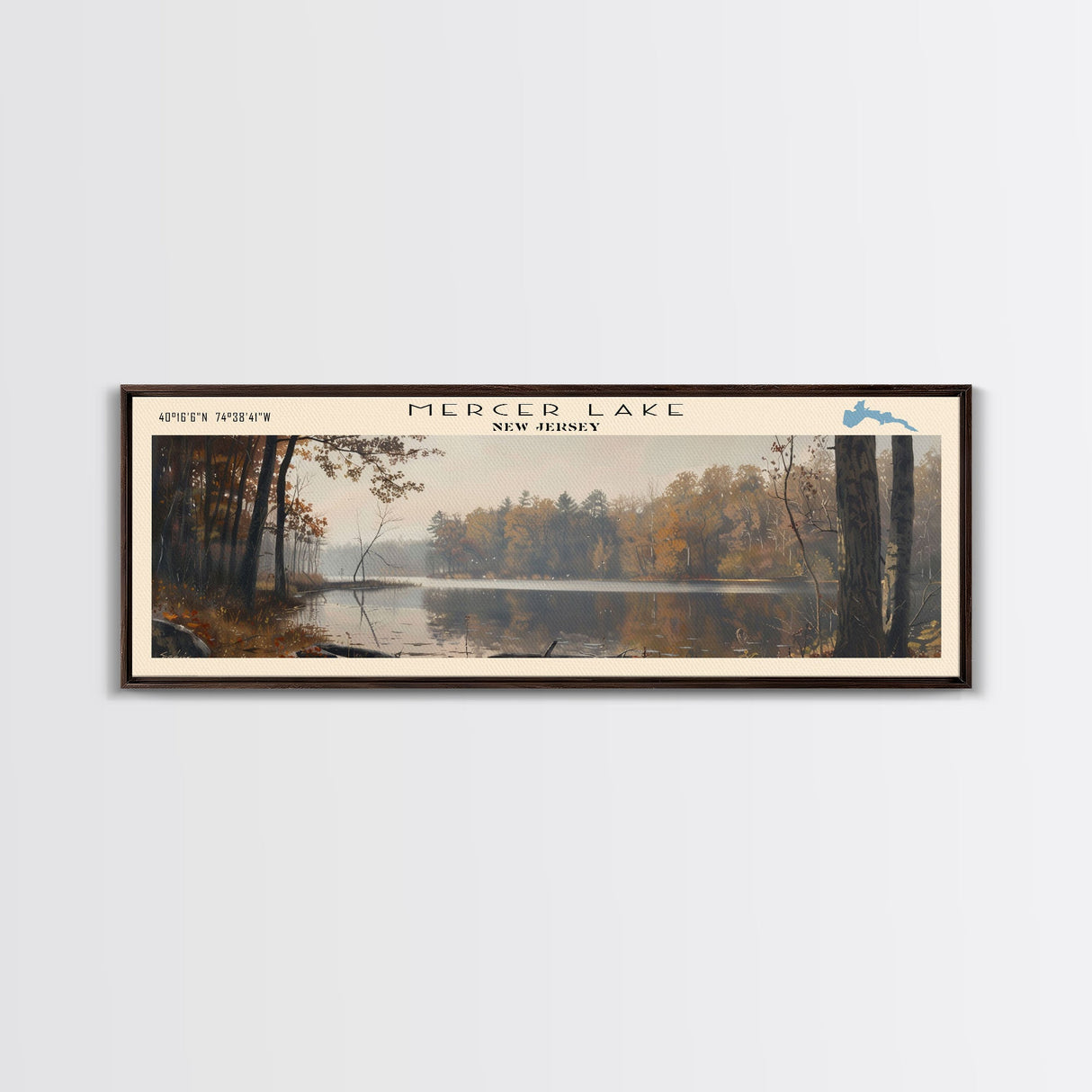 Mercer Lake New Jersey Framed Canvas Print, Lake House Decor, Panoramic Wall Art, Travel Poster, Landscape Painting, Bedroom Decor