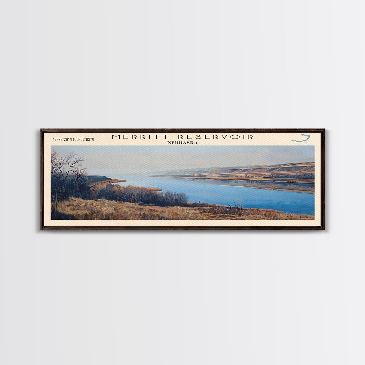 Merritt Reservoir Nebraska Framed Canvas Print, Lake House Decor, Panoramic Wall Art, Travel Poster, Beautiful Landscape Painting, Modern Art