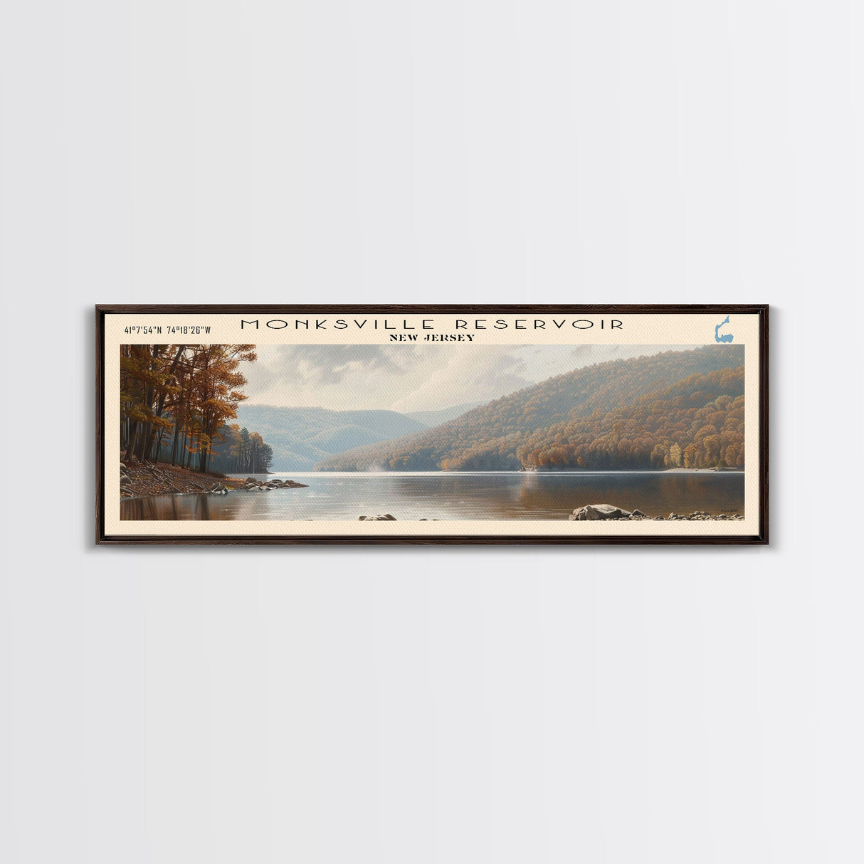 Newark Reservoir Delaware Framed Canvas Print, Lake House Decor, Panoramic Wall Art, Travel Poster, Landscape Painting, Modern Art