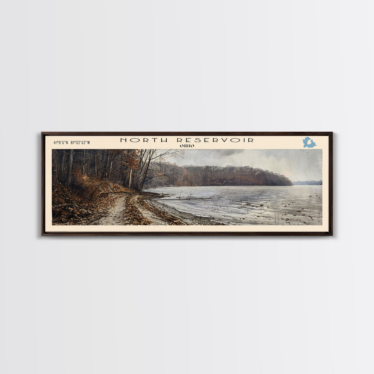 North Reservoir Ohio Framed Canvas Print, Lake House Decor, Panoramic Wall Art, Travel Poster, Landscape Painting, Contemporary Art