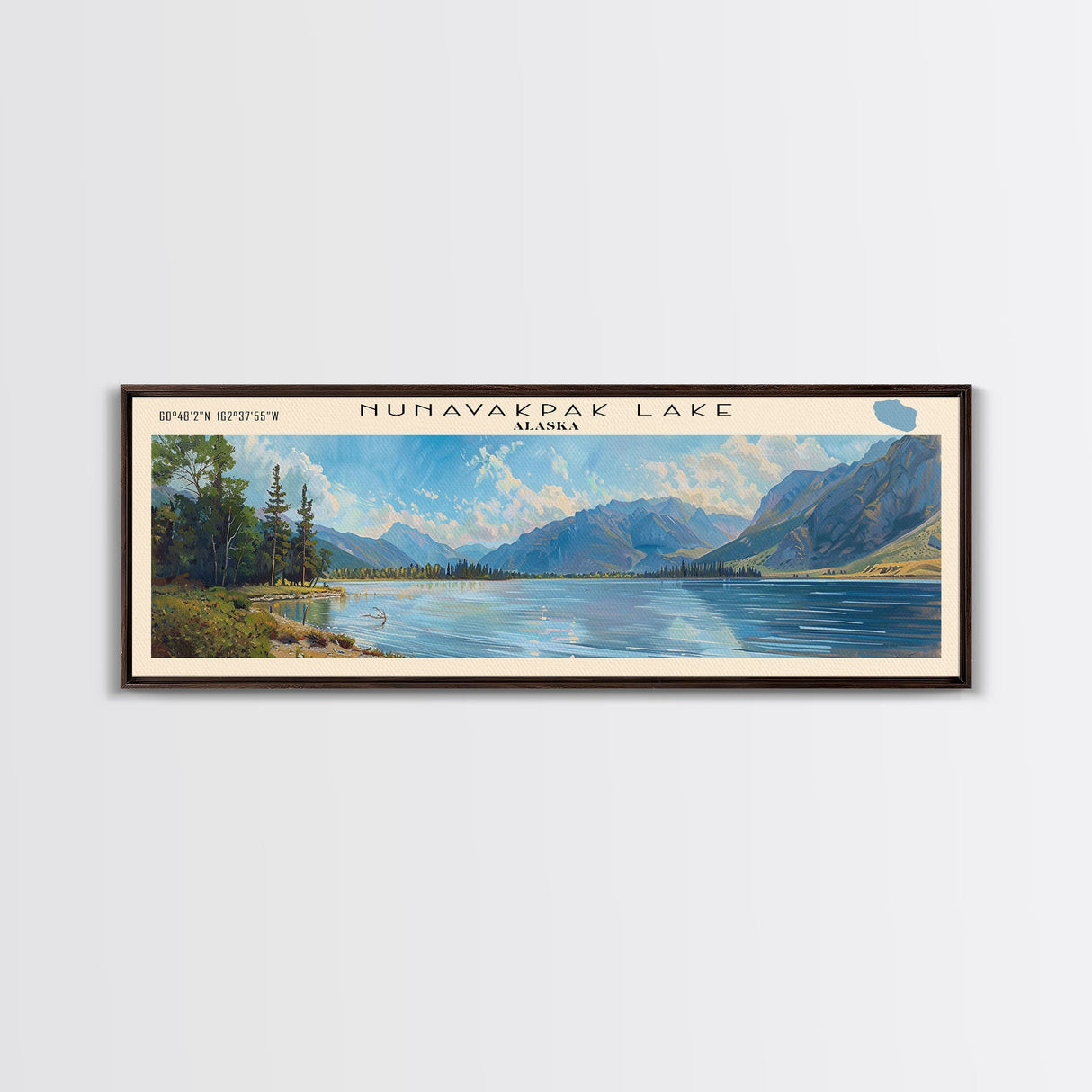 Nunavakpak Lake Framed Canvas Print, Lake House Decor, Panoramic Wall Art, Travel Poster, Scenic Landscape Painting, Contemporary Art