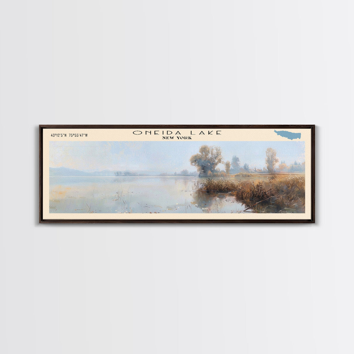 Oneida Lake Framed Canvas Print, Lake House Decor, Panoramic Wall Art, Travel Poster, Beautiful Landscape Painting, Living Room Decor