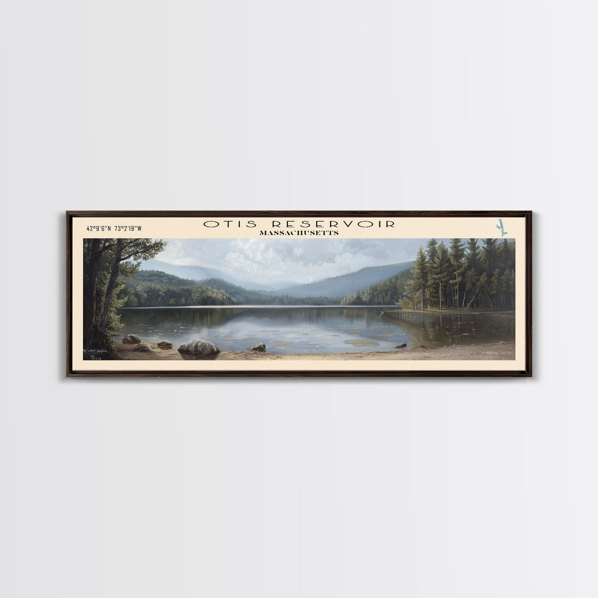 Otis Reservoir Massachusetts Framed Canvas Print, Lake House Decor, Panoramic Wall Art, Travel Poster, Landscape Painting, Bedroom Decor