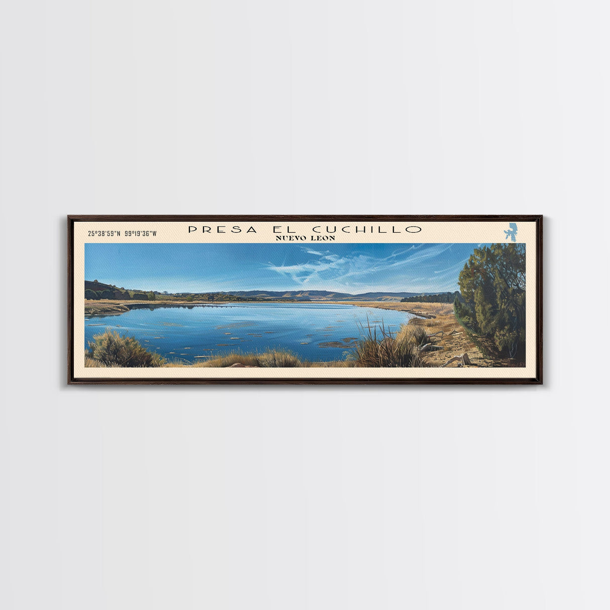 Presa El Cuchillo Lake Framed Canvas Print, Lake House Decor, Panoramic Wall Art, Travel Poster, Beautiful Landscape Painting, Contemporary Art