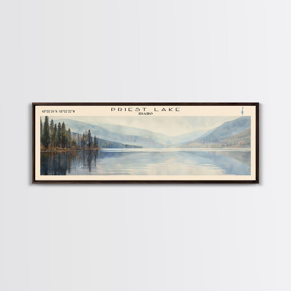 Priest Lake Idaho Framed Canvas Print, Lake House Decor, Panoramic Wall Art, Travel Poster, Beautiful Landscape Painting, Living Room Decor