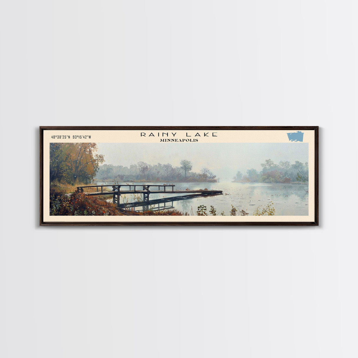 Rainy Lake Minneapolis Framed Canvas Print, Lake House Decor, Panoramic Wall Art, Travel Poster, Beautiful Landscape Painting, Modern Art