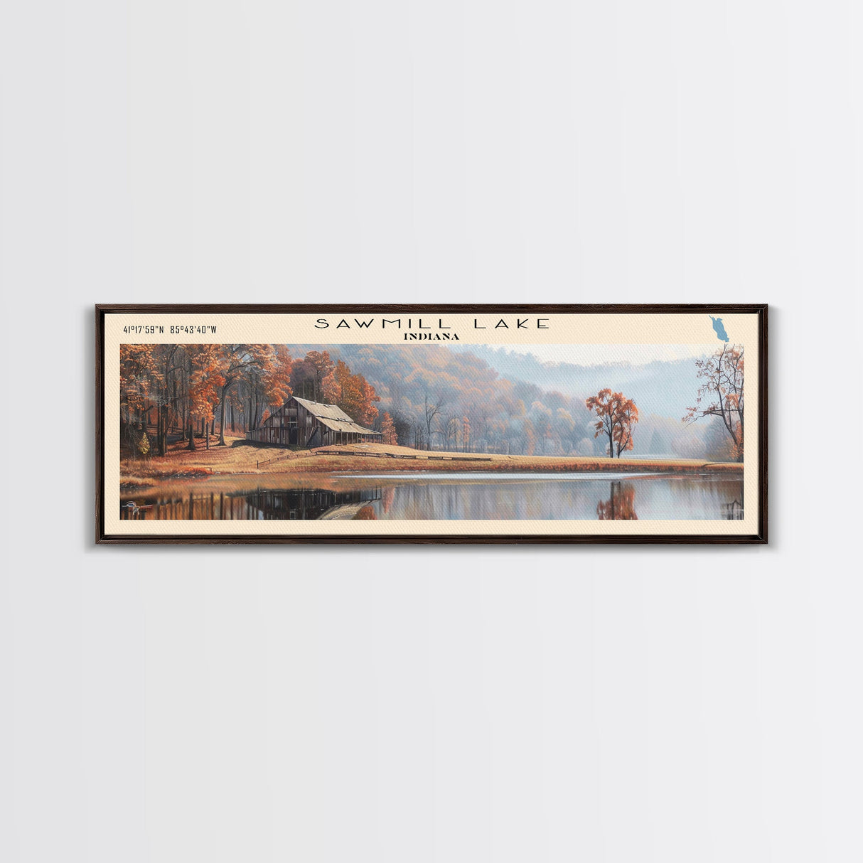 Sawmill Lake Indiana Framed Canvas Print, Lake House Decor, Panoramic Wall Art, Travel Poster, Serene Lake Painting, Bedroom Decor