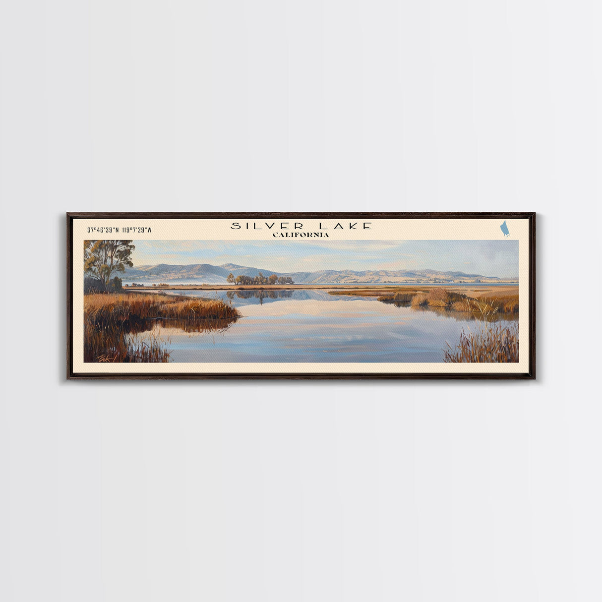 Silver Lake California Panoramic Framed Canvas Print, Lake House Decor, Wall Art, Travel Poster, Beautiful Lake Scene, Bedroom Decor