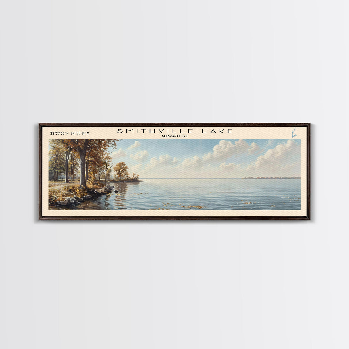 Smithville Lake Missouri Panoramic Framed Canvas Print, Lake House Decor, Wall Art, Travel Poster, Serene Lake Painting, Living Room Decor