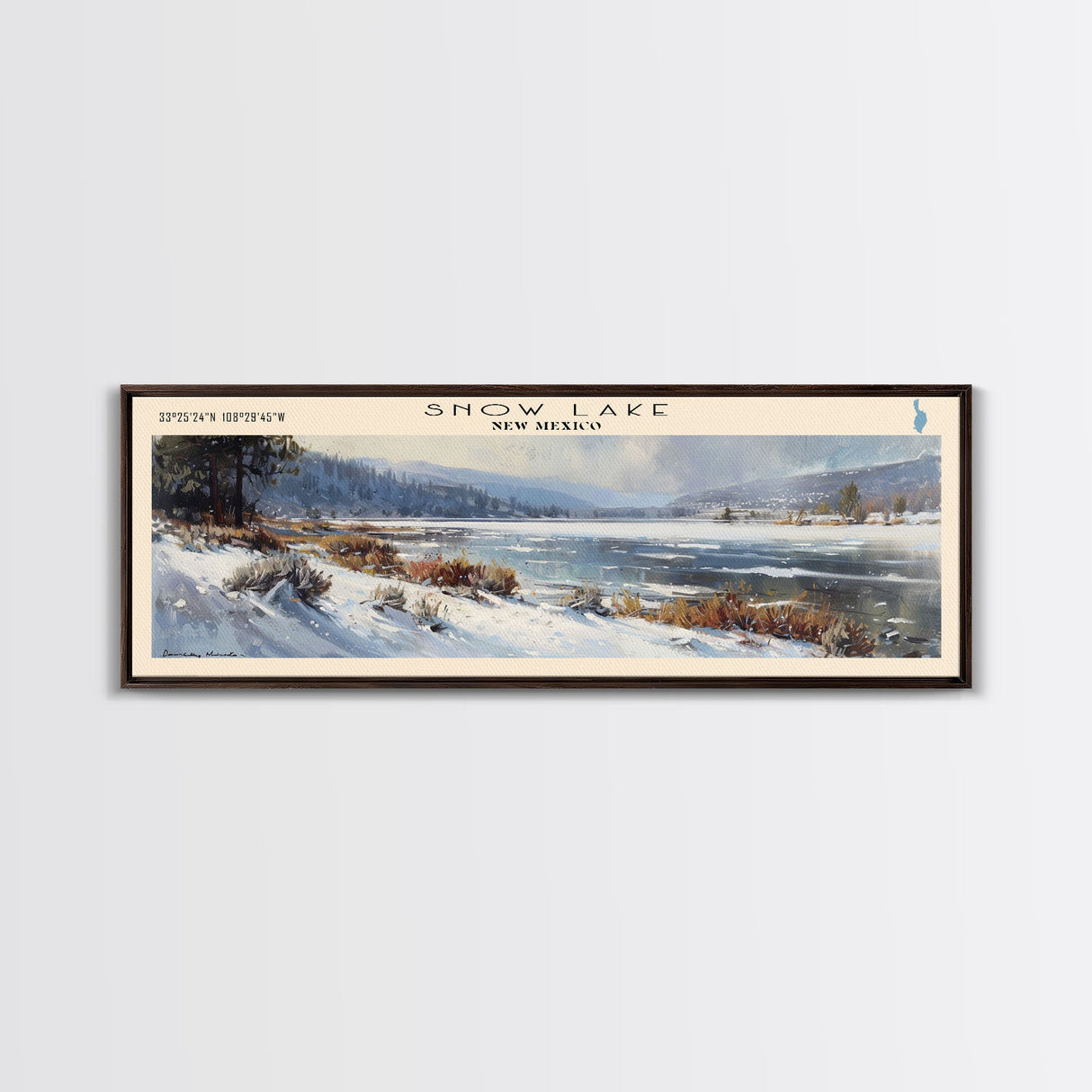 Snow Lake New Mexico Panoramic Framed Canvas Print, Lake House Decor, Wall Art, Travel Poster, Serene Lake Scene, Bedroom Decor