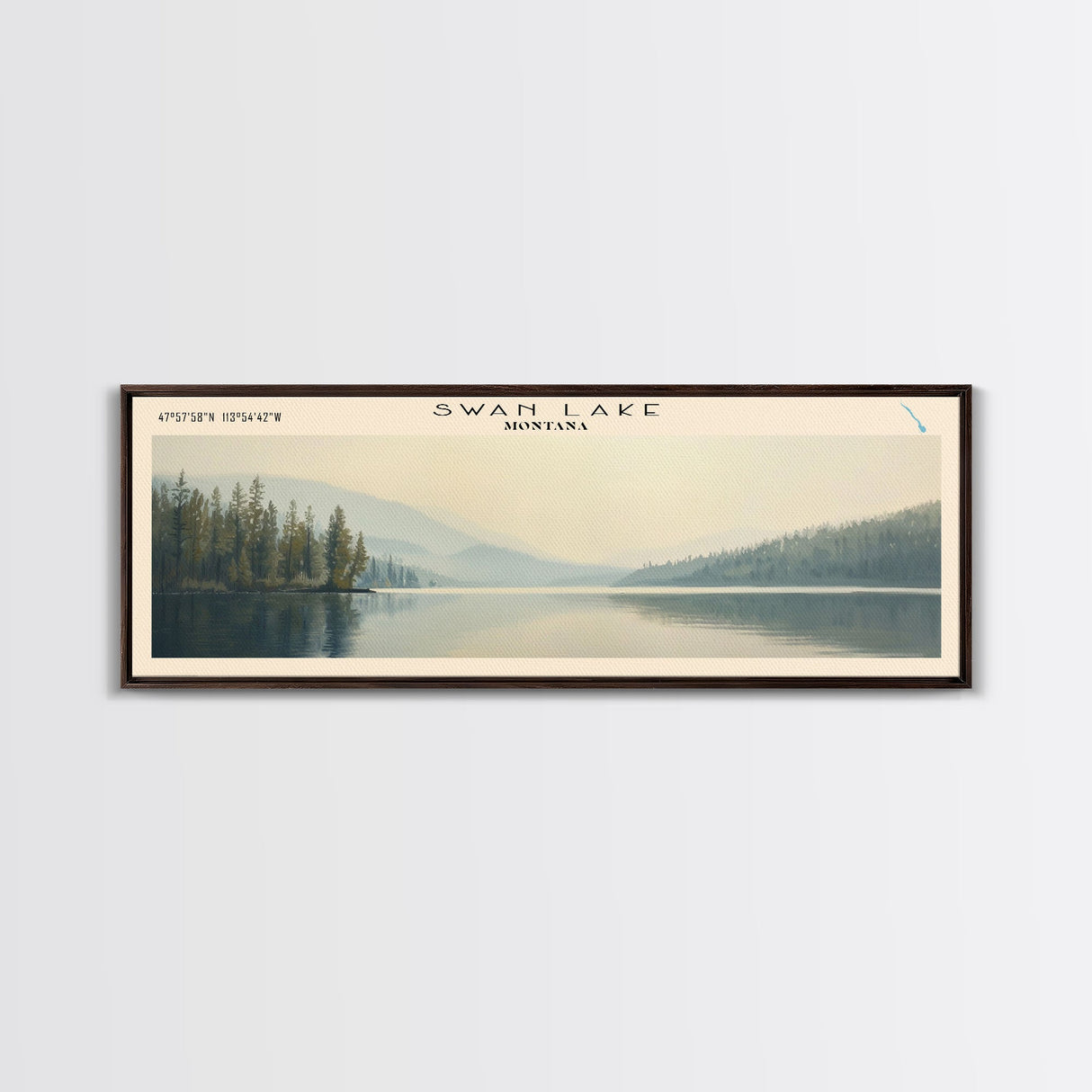 Swan Lake Montana Panoramic Wall Art, Framed Canvas Print, Lake House Decor, Travel Poster, Beautiful Landscape, Bedroom Decor