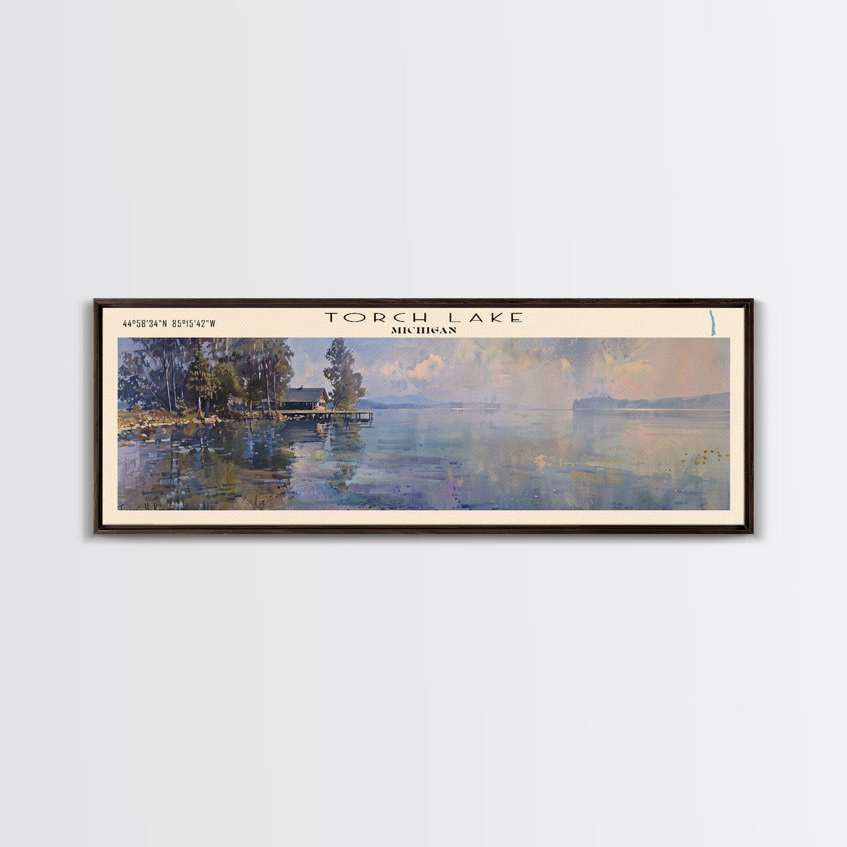 Torch Lake Panoramic Wall Art, Framed Canvas Print, Lake House Decor, Travel Poster, Serene Landscape, Home Decor