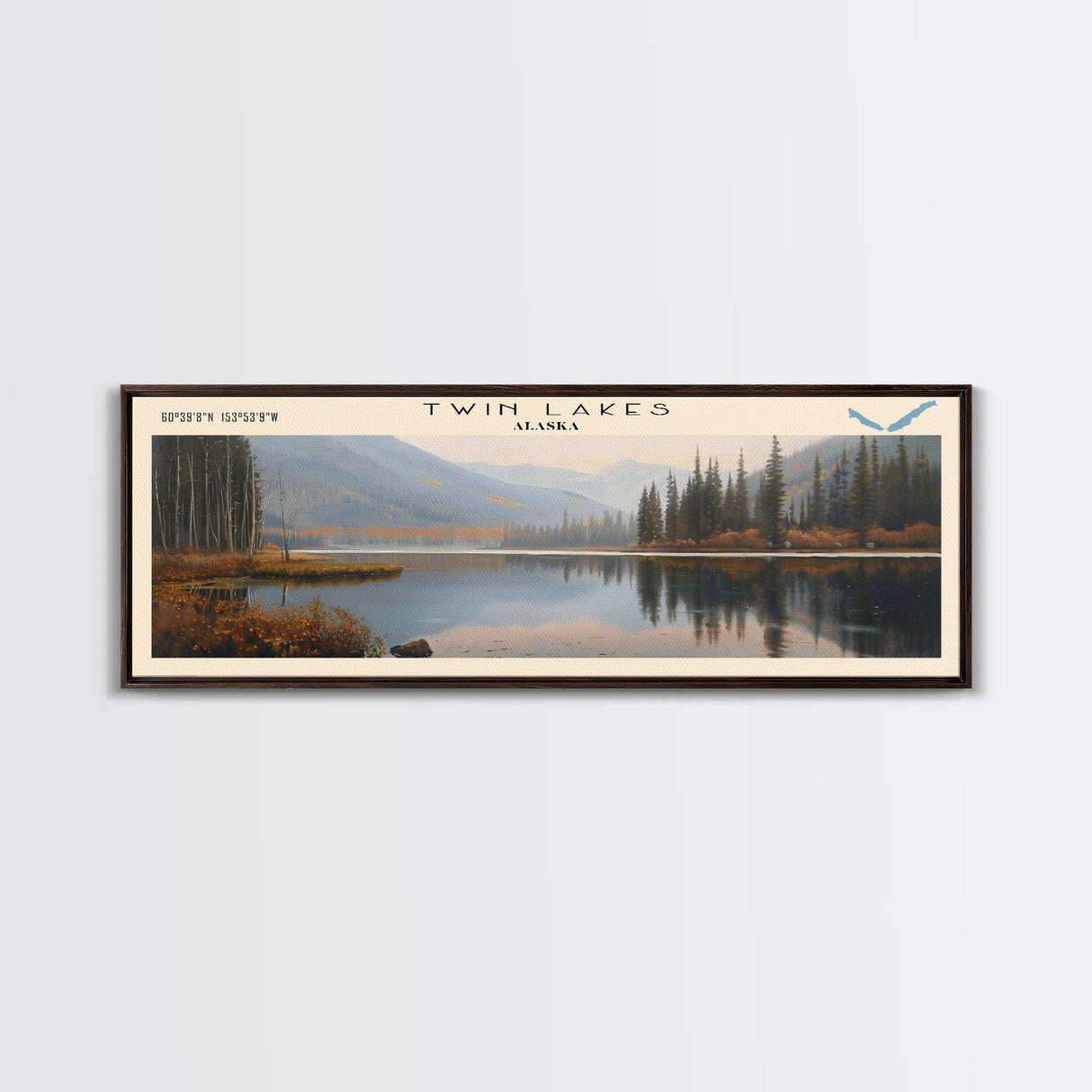 Twin Lakes Panoramic Wall Art, Framed Canvas Print, Lake House Decor, Travel Poster, Scenic Lake Scene, Living Room Art