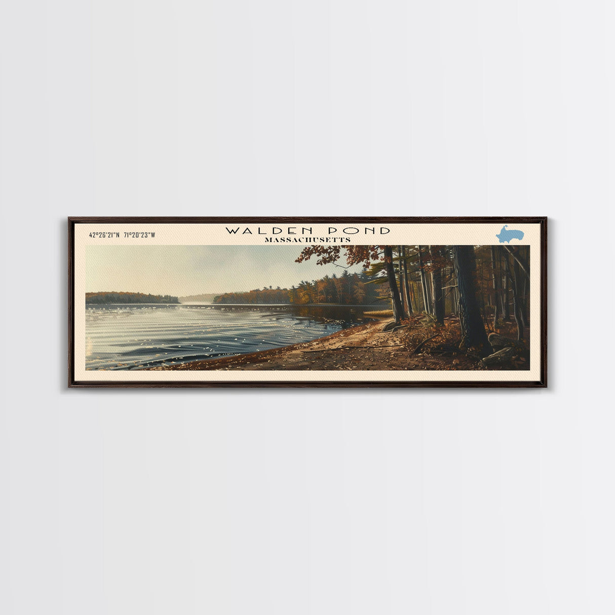 Walden Pond Massachusetts Panoramic Wall Art, Framed Canvas Print, Lake House Decor, Travel Poster, Scenic Lake Scene, Bedroom Decor