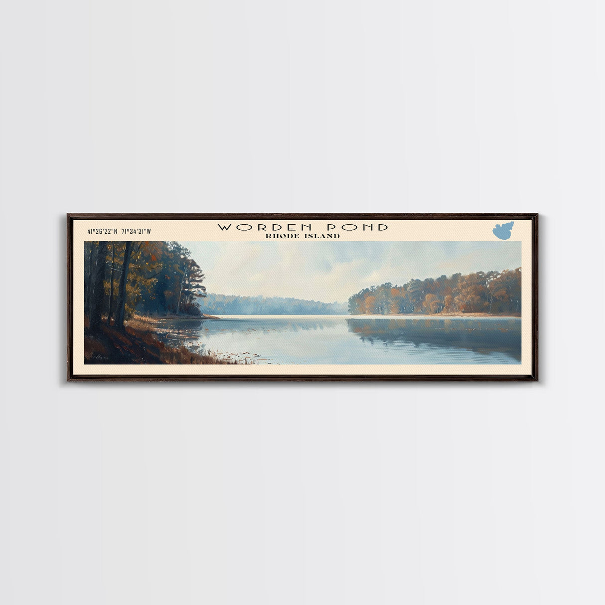 Worden Pond Rhode Island Panoramic Wall Art, Framed Canvas Print, Lake House Decor, Travel Poster, Beautiful Lake Scene, Living Room Decor