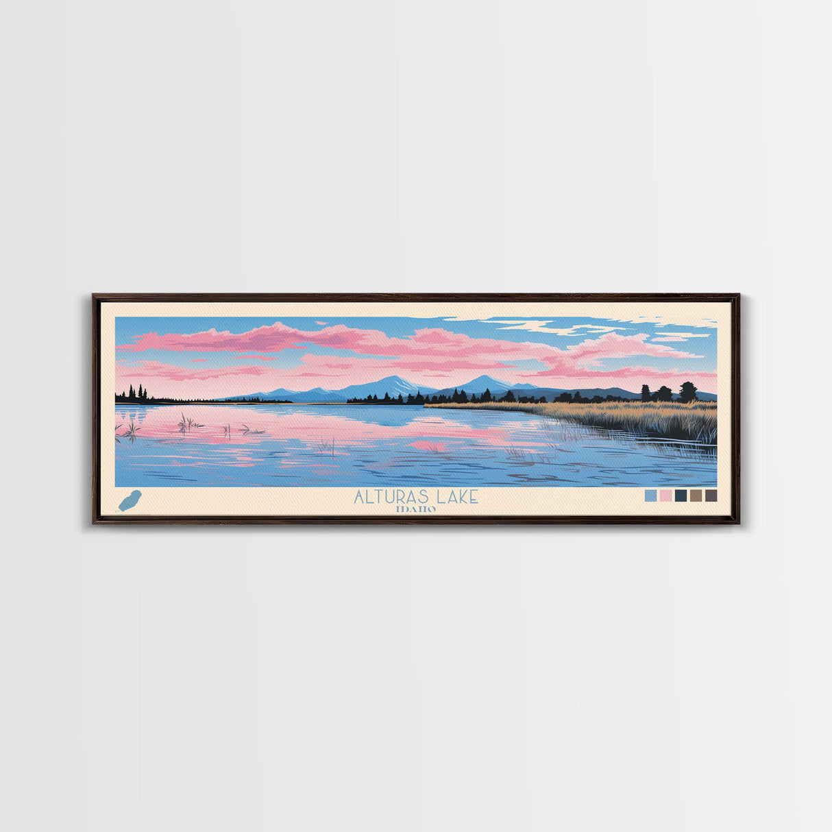 Alturas Lake Idaho Framed Canvas Print, Panoramic Wall Art, Midcentury Modern, Pop Art, Travel Poster, Lake House Decor