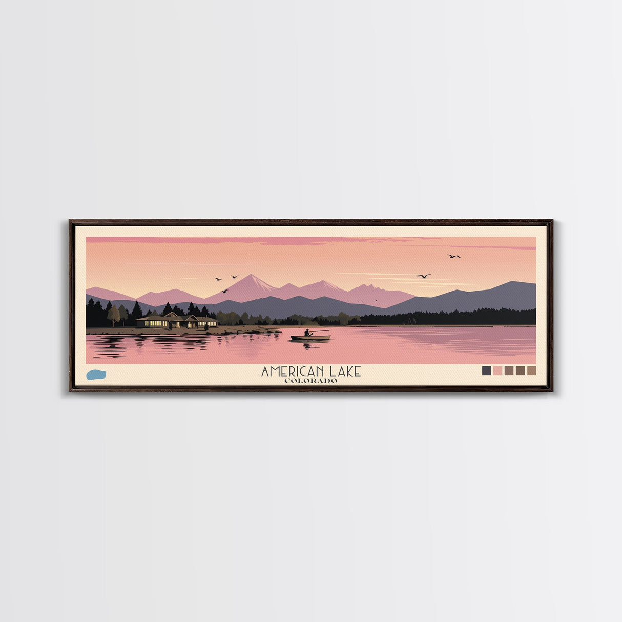 American Lake Colorado Framed Canvas Print, Panoramic Travel Poster, Pop Art, Midcentury Modern Wall Art, Scenic Bedroom Art